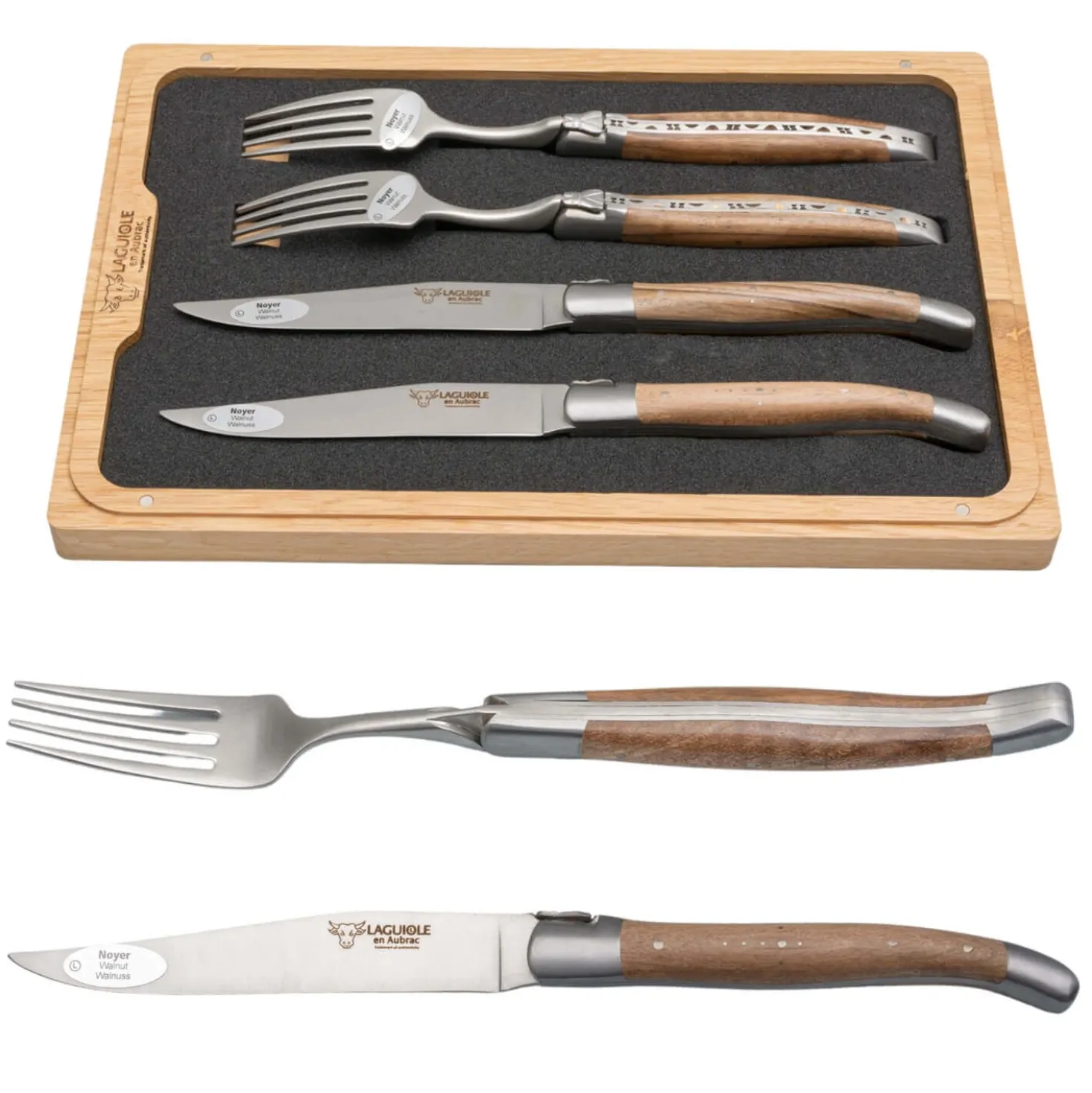 Laguiole en Aubrac Steakmessen en vorkenset Walnoot 4 delig
