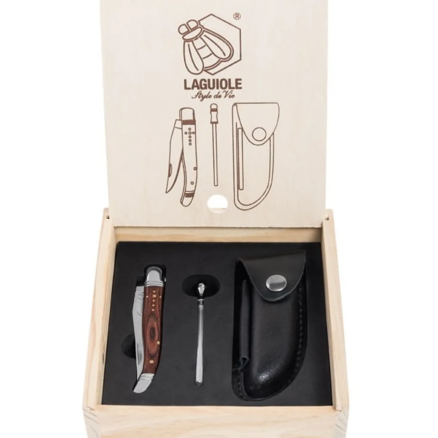 Laguiole Style de Vie Zakmes Rozenhout met Leren Hoesje en Aanzetstaal