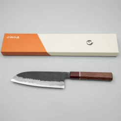 Mutsumi Hinoura Shirogami #2 Kurouchi Damast Padouk Santoku 17 cm