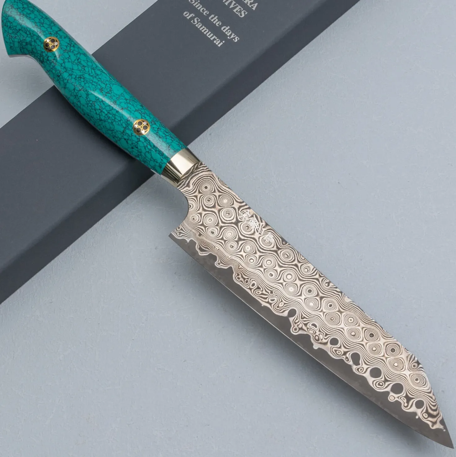 Nigara SG2 Damast Premium Turquoise Kiritsuke Petty 15 cm