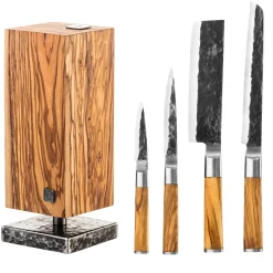 Olive Forged Messenset 4 delig + Roterend Messenblok
