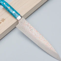 Takeshi Saji VG10 Rainbow Damast Turquiose Gyuto 21 cm