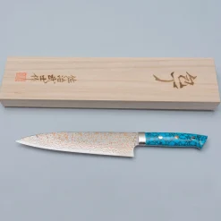 Takeshi Saji VG10 Rainbow Damast Turquiose Gyuto 21 cm