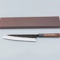 Yoshimi Kato Aogami Super Damast Iron Clad Kurouchi Gyuto 21 cm
