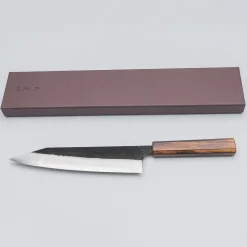 Yoshimi Kato Aogami Super Damast Iron Clad Kurouchi Oak Gyuto 21 cm