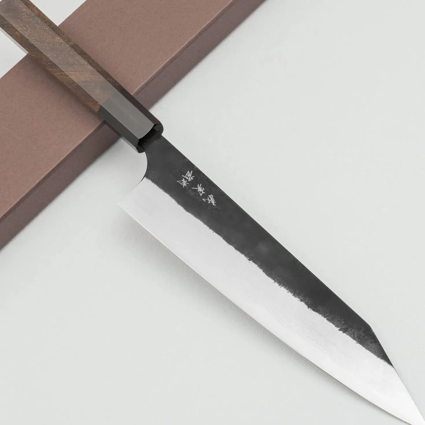 Yoshimi Kato Aogami Super Damast Iron Clad Kurouchi Gyuto 21 cm