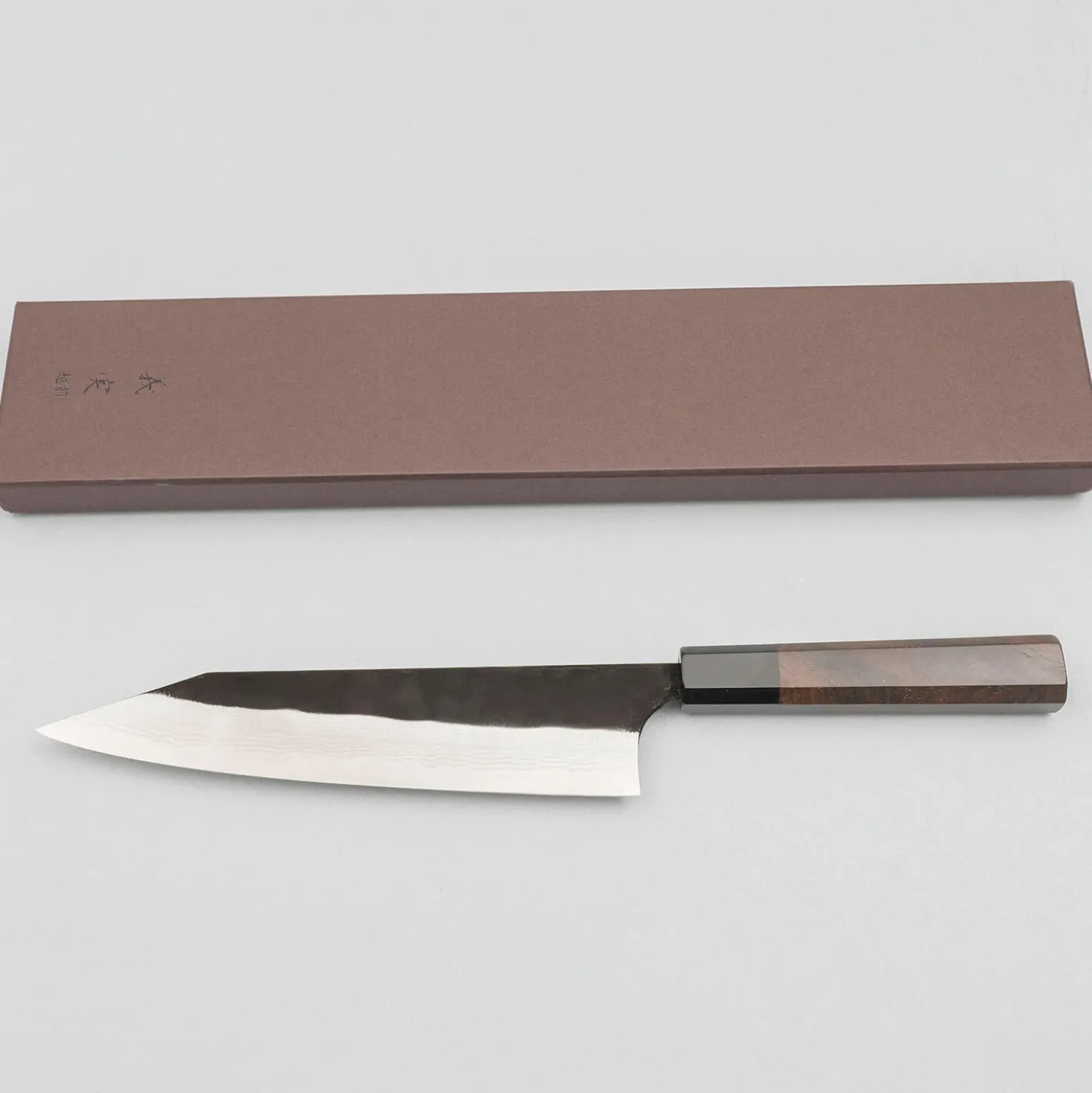 Yoshimi Kato Aogami Super Damast Iron Clad Kurouchi Gyuto 21 cm